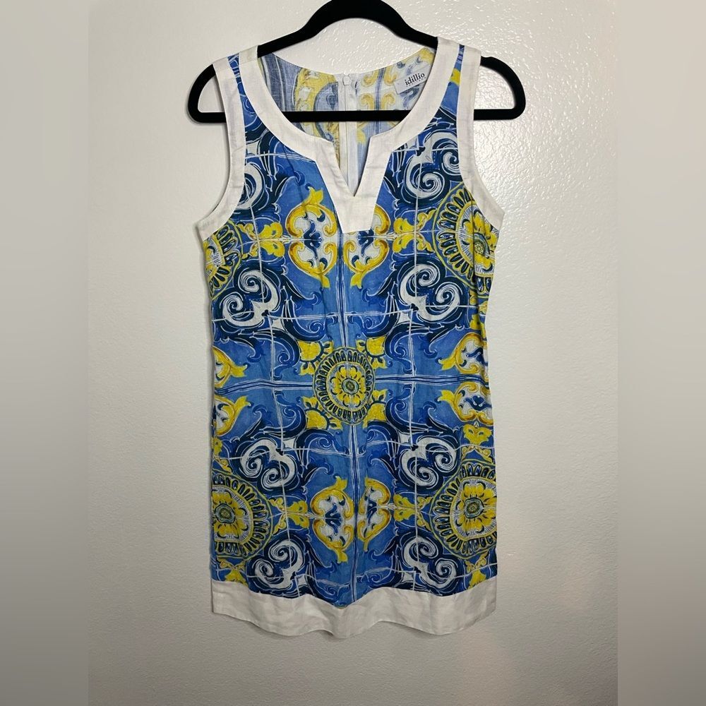 Idillio Positano Women M Blue White Majolica Tile Print 100% Linen Shirt Dress
